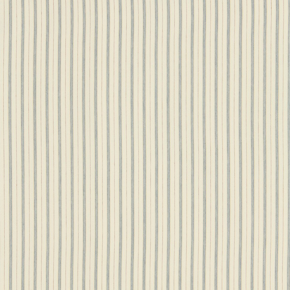 Cream fabric with thin navy vertical pinstripes; classic striped upholstery fabric.
