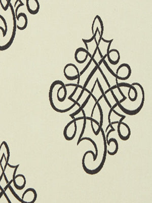Gray background with a repeating black damask-style ornamental motif of looping scrolls forming a diamond shape.