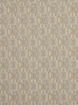 Woven upholstery fabric with a repeating elongated oval pattern in beige, taupe and pale yellow.