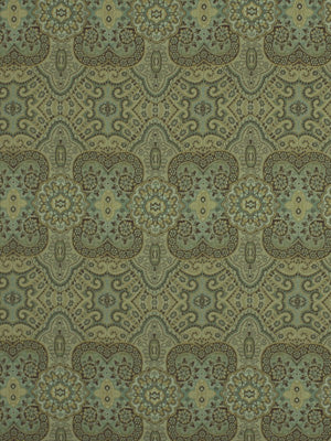 Upholstery fabric with a repeating damask pattern in olive green, sage, beige and brown, featuring floral arabesques.