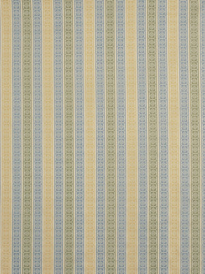 Pastel striped upholstery fabric with repeating vertical pale yellow-beige and light blue columns featuring tiny geometric motifs.