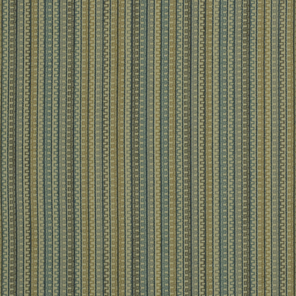 Olive green and mustard striped woven upholstery fabric with narrow vertical geometric patterns.