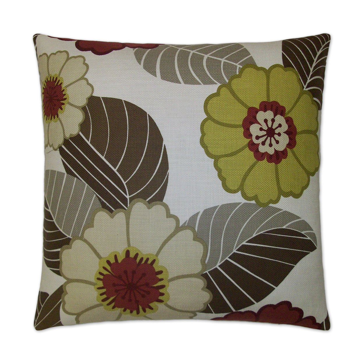 Square decorative pillow with large cream and olive flowers, brown leaves, and burgundy centers on a light background.