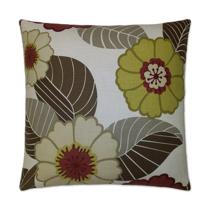 Square decorative pillow with large cream and olive flowers, brown leaves, and burgundy centers on a light background.