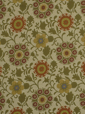 Beige fabric with a vintage floral damask pattern featuring red, yellow, and blue circular blooms on olive-green vines.