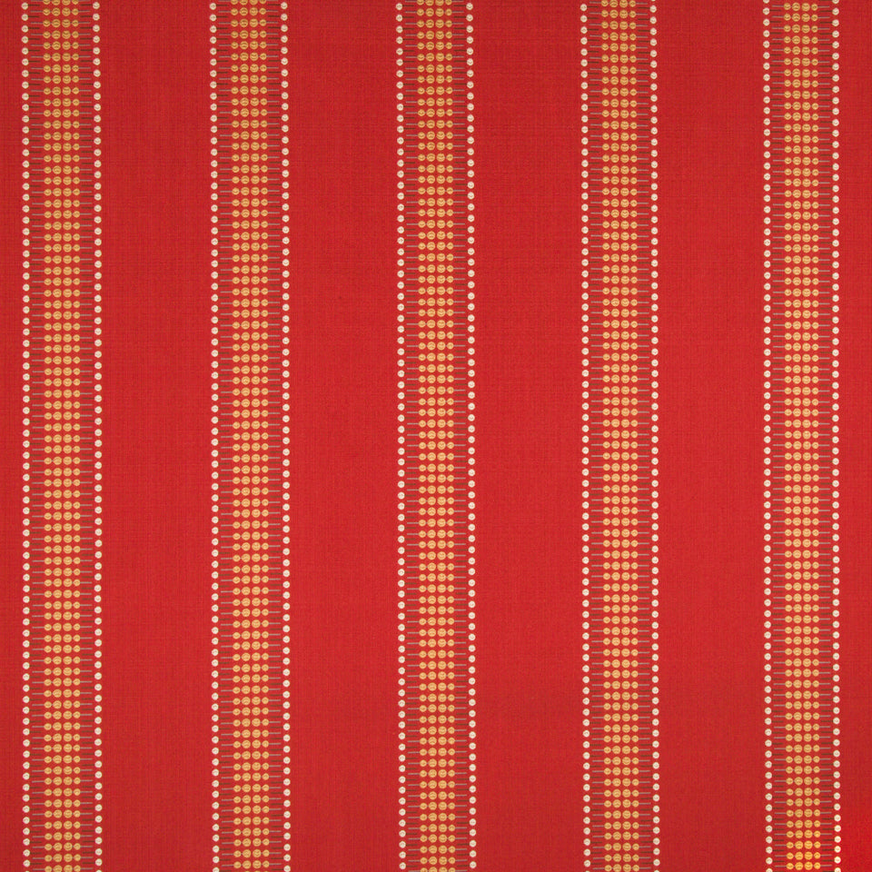 Red woven upholstery fabric with vertical cream stripes; versatile upholstery or drapery textile.