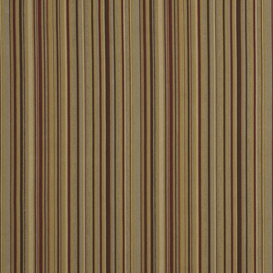 Vertical striped fabric in warm earthy tones of browns, golds & greens with a textured upholstery look.