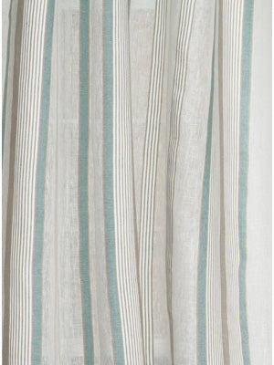 Close-up of striped fabric with vertical teal, cream and beige stripes; lightweight curtain or upholstery textile.