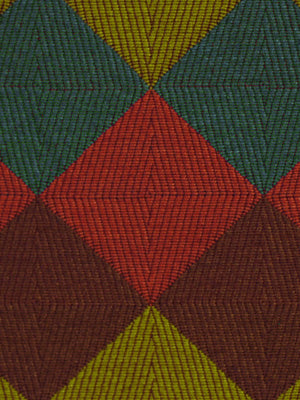 Upholstery fabric with color-patch diamond pattern in Cayenne tones; woven crosshatched weave.