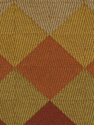 Woven fabric with large yellow and orange diamonds, ribbed texture in warm autumn tones, upholstery-style textile