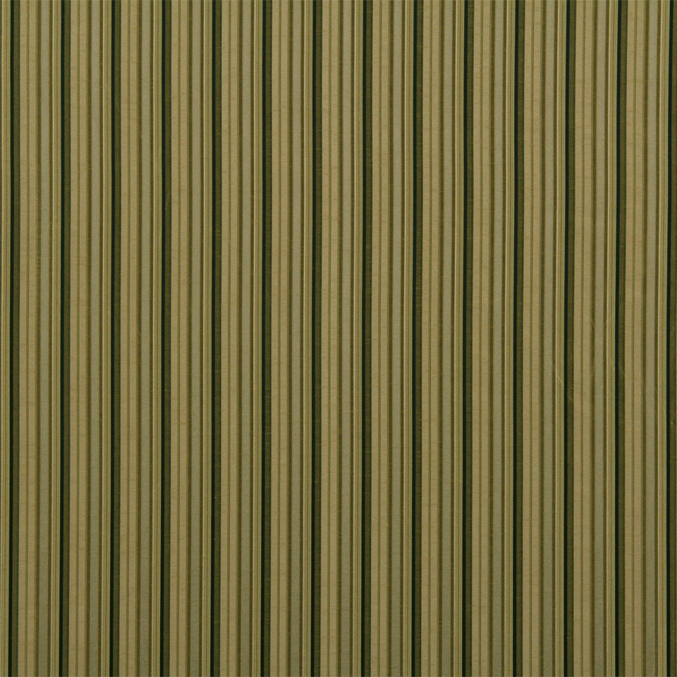 Vertical striped pattern in olive green and beige with narrow dark stripes; suitable for upholstery, drapery or wallpaper.