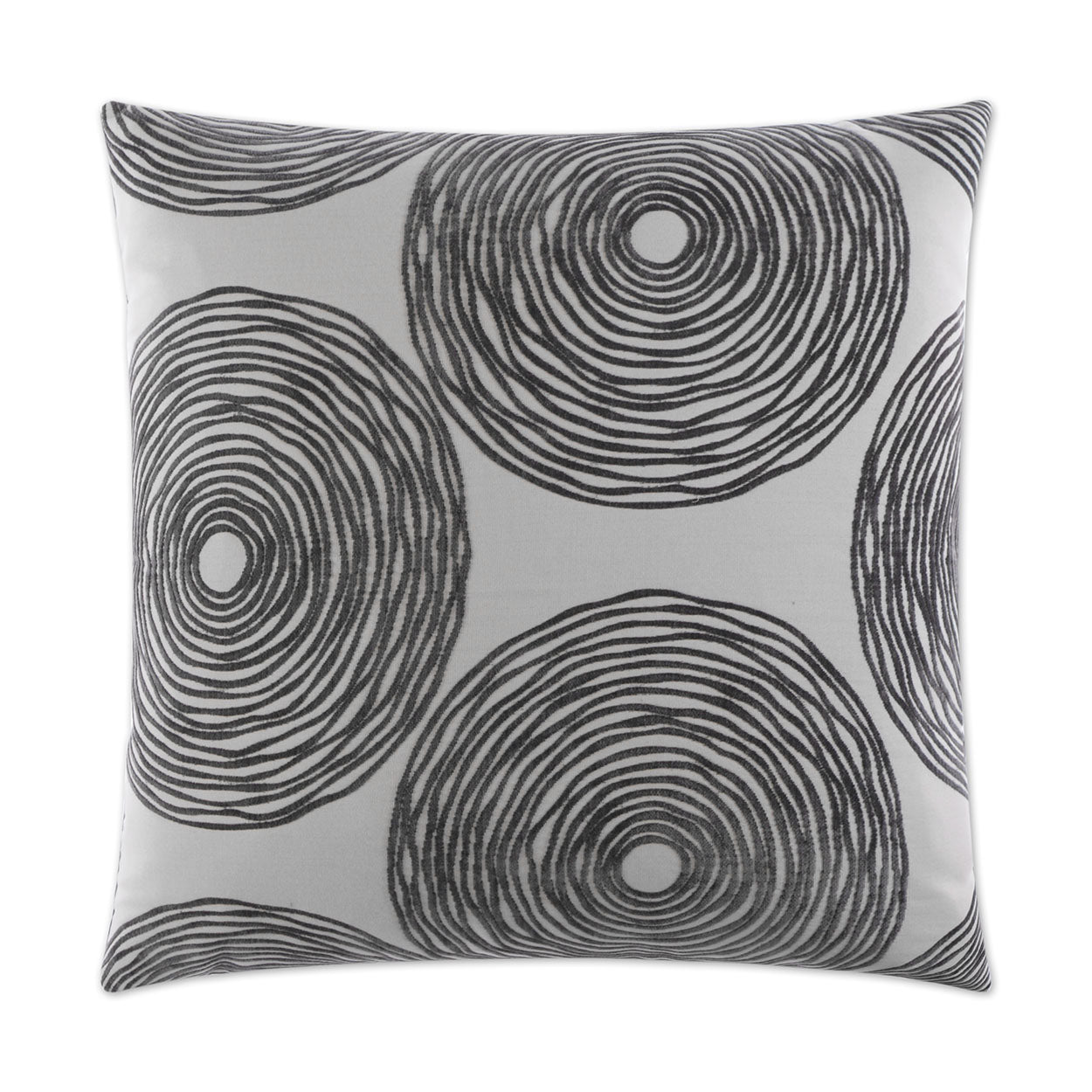 Grey square decorative cushion with bold black concentric circle pattern.