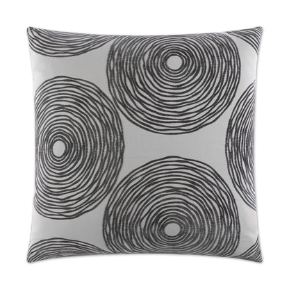 Grey square decorative cushion with bold black concentric circle pattern.
