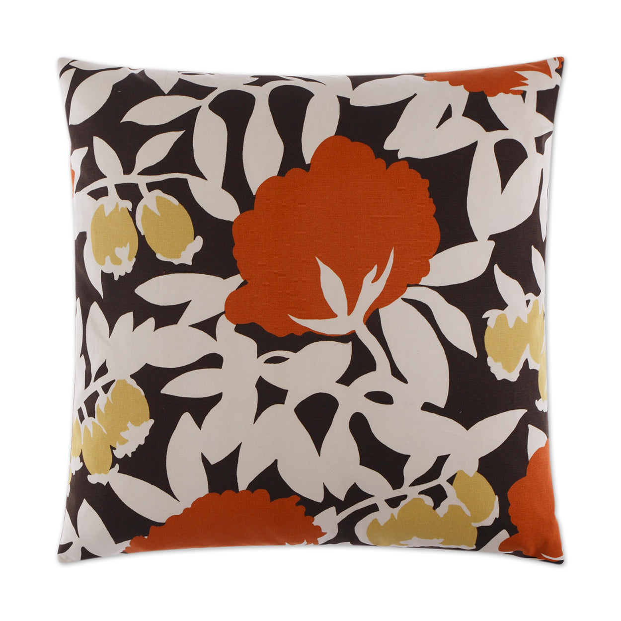 Square decorative pillow with floral print: dark brown background, white leaves, orange and yellow blooms.
