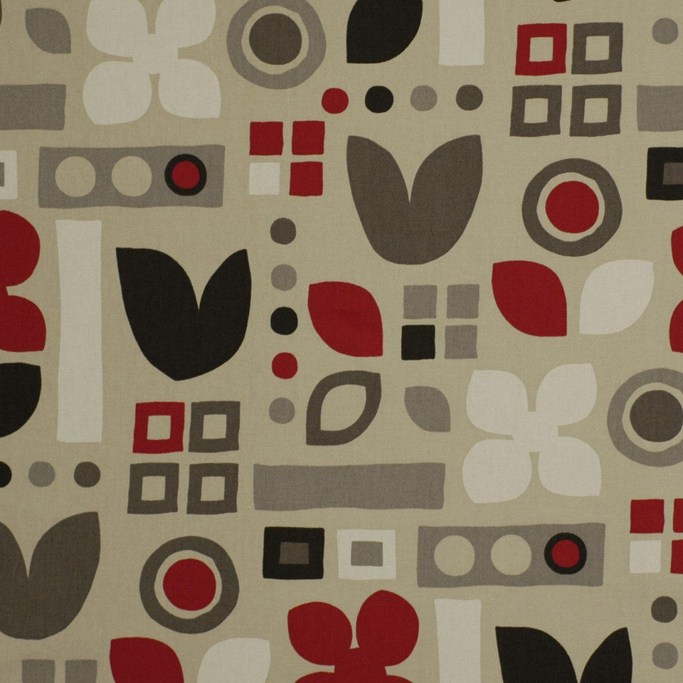 Beige drapery fabric with abstract floral and geometric shapes in red, black, gray and white; mid-century modern pattern.