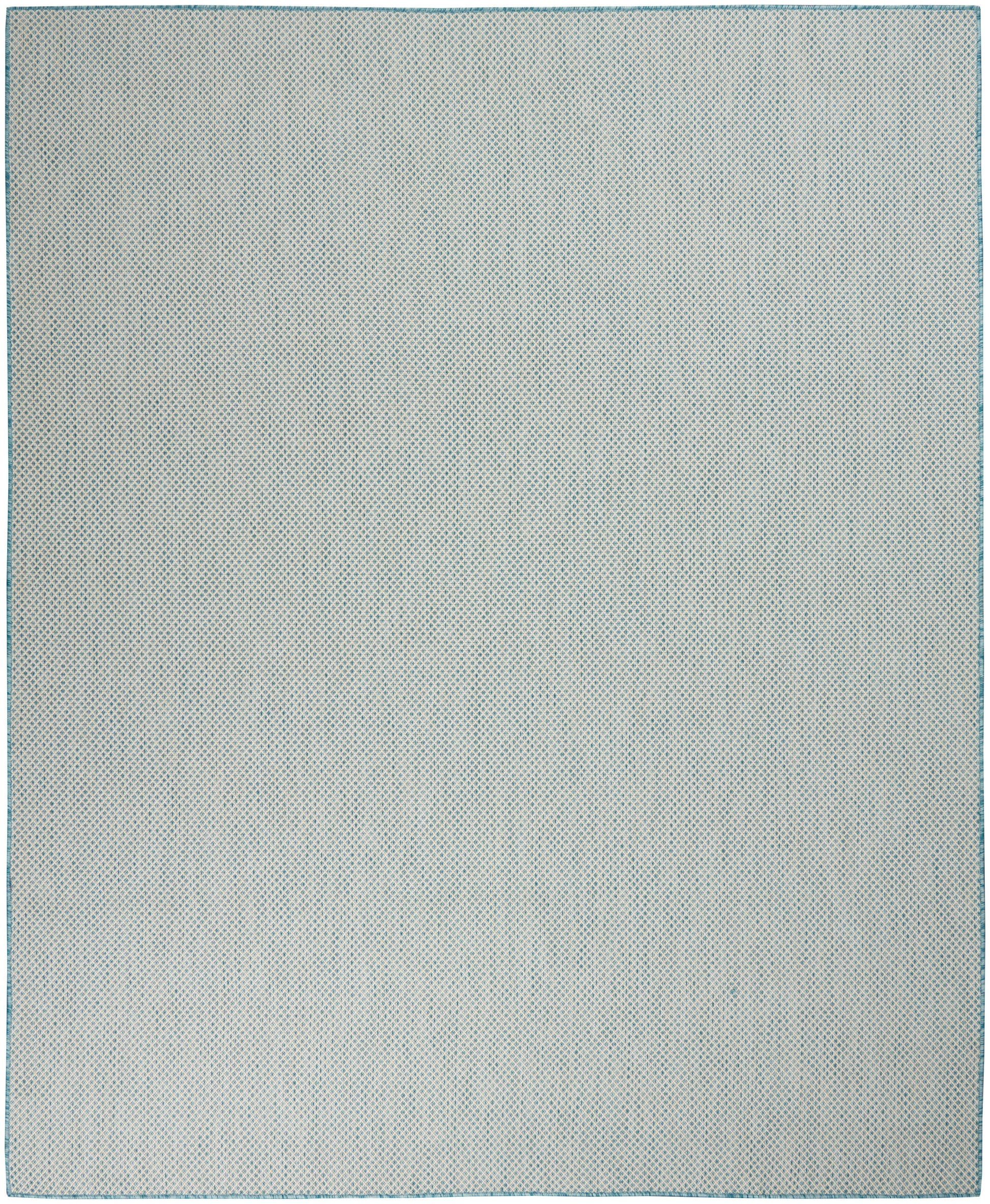 Rectangular pale gray rug with a tiny blue dot pattern and teal border.