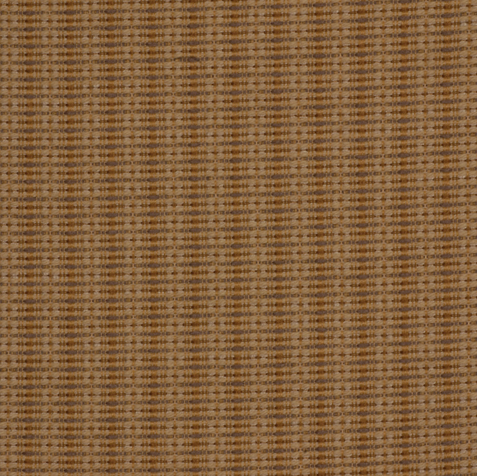 Brown and tan plaid woven fabric swatch with small checks; versatile upholstery or garment textile.