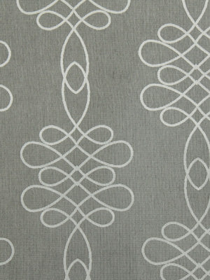 Grey fabric with white damask-style scroll pattern and woven texture; repeating vertical looping motifs.