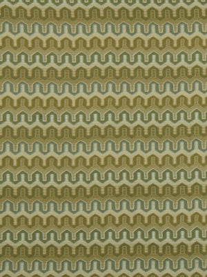 Upholstery fabric with a repeating wavy chain motif in olive, tan and light blue; retro geometric textile.