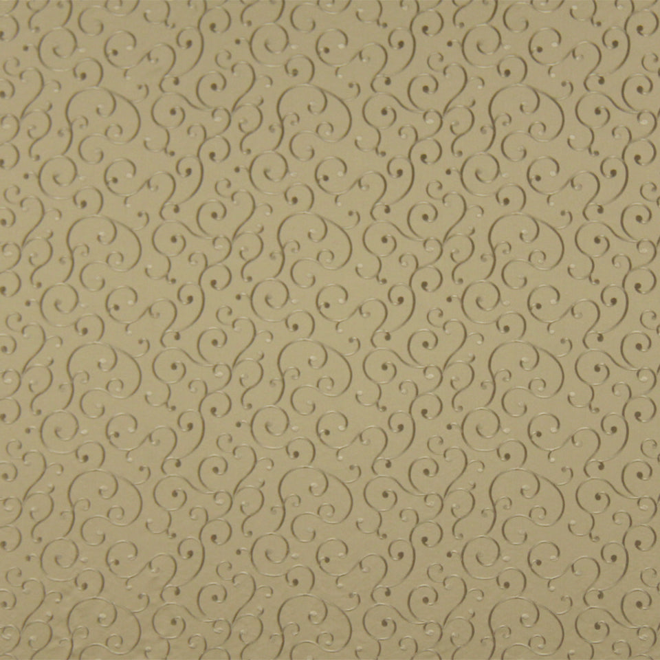 Beige wallpaper with subtle tan scrolling swirls and tiny dots; decorative damask-like texture.