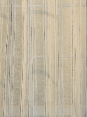 Beige striped fabric with vertical pale blue lines and linen-like texture, ideal for curtains or upholstery.