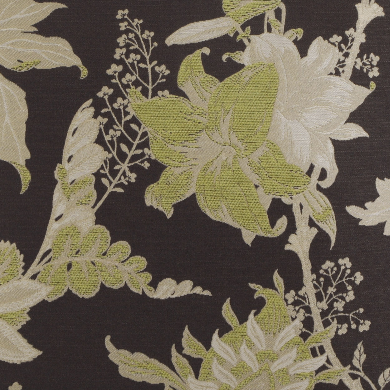 Dark brown woven fabric with large cream & lime green floral pattern, 24 x 24 inch pillow fabric.