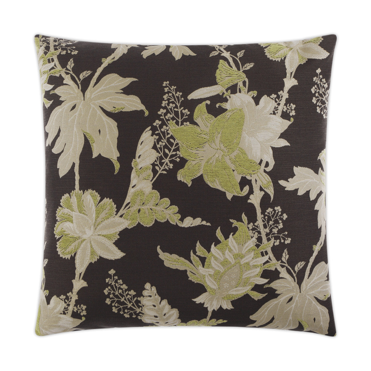 Square throw pillow with dark brown background and beige-olive botanical jacquard pattern, decorative sofa accent.