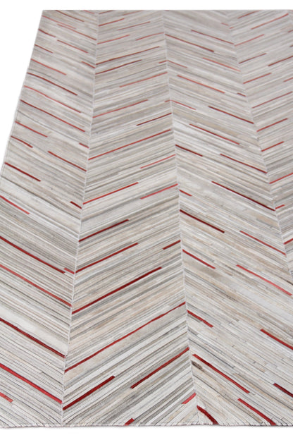 Light gray chevron rug with thin red lines; modern geometric rectangular area rug for living room.