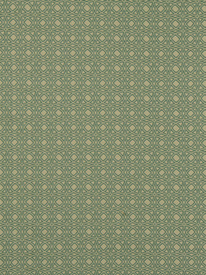 Olive-green fabric with a beige repeating geometric circle lattice and small rosette motifs.