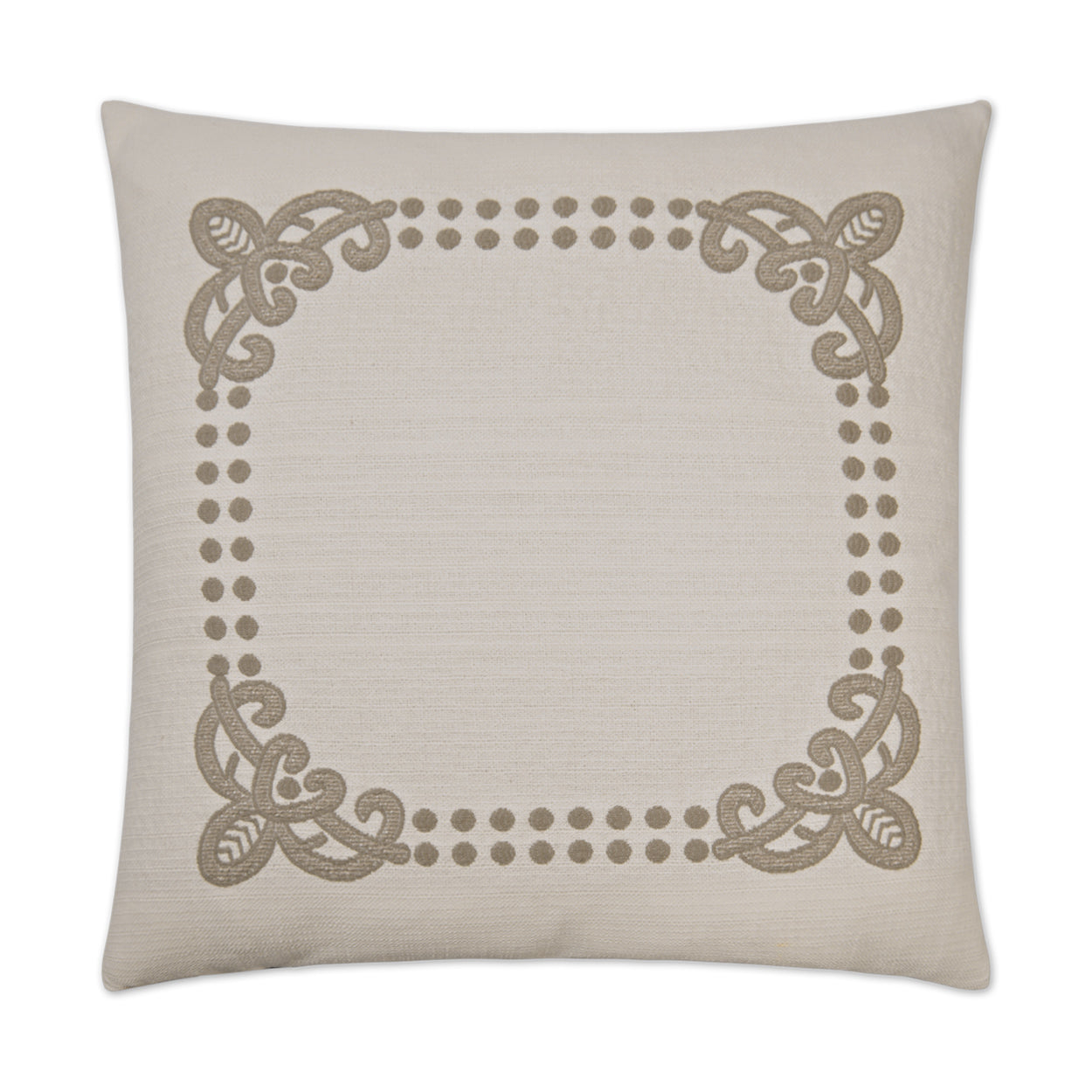 Beige linen-textured square pillow with taupe ornamental corner scrolls and a dotted border.