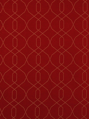 Red fabric with a pale gold geometric lattice of interlocking diamonds and elongated hex shapes.