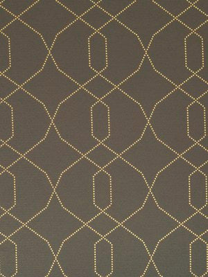 Charcoal upholstery fabric with a gold dotted geometric lattice pattern in an Art Deco style.