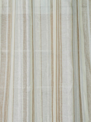 Linen-like sheer curtain with vertical beige, cream, and pale blue stripes for window draping.