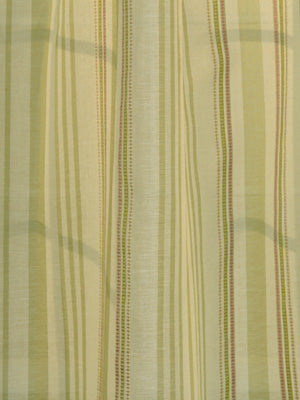 Light green striped fabric with vertical beige and olive lines, thin dotted details; soft woven textile for curtains.