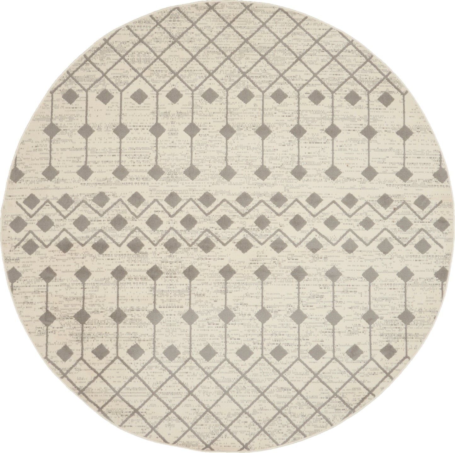 Round beige rug with taupe diamond lattice pattern and decorative band accents.