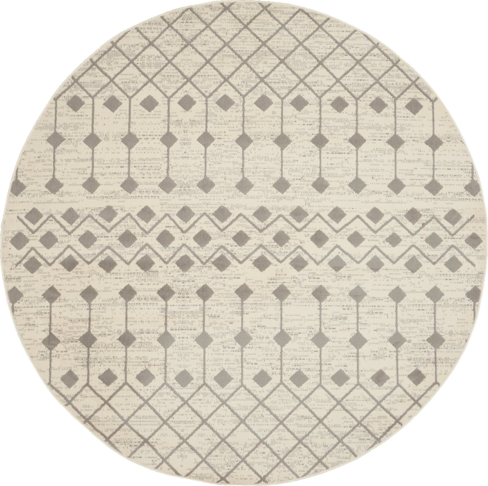 Round beige rug with taupe diamond lattice pattern and decorative band accents.