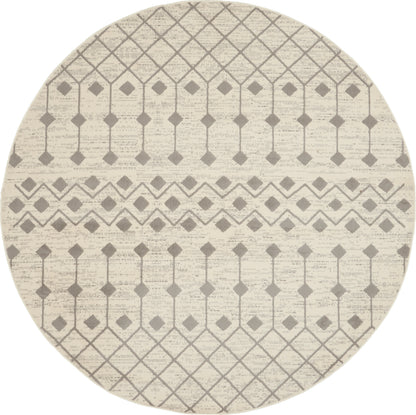 Round beige rug with taupe diamond lattice pattern and decorative band accents.