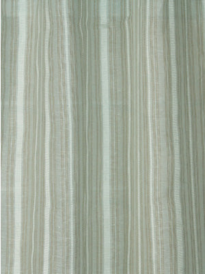 Vertical striped fabric in muted greens, beige and ivory; woven textile for curtains or upholstery.