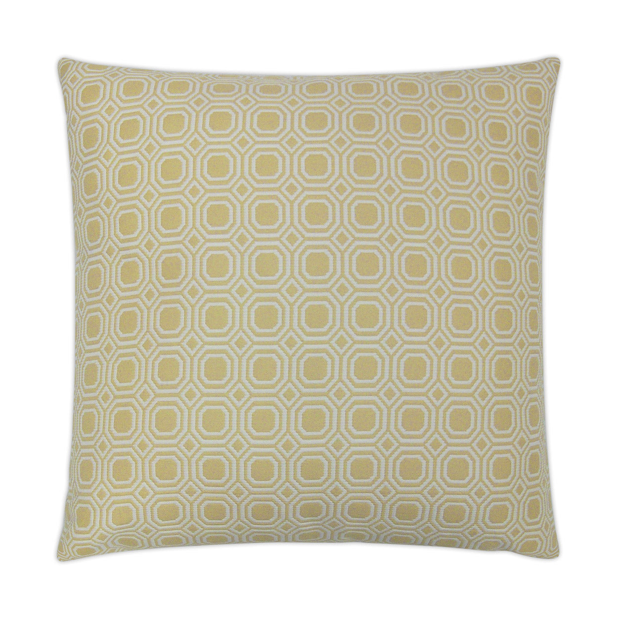 Yellow square decorative pillow with cream geometric ring pattern; soft woven fabric, great for sofa & bed.