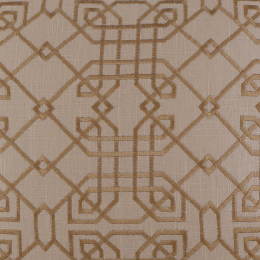 Beige fabric with tan geometric lattice pattern of interlocking squares and diamonds; chic upholstery textile.