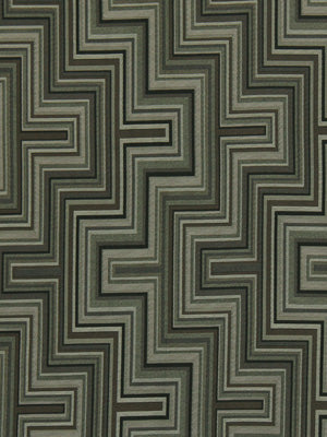 Geometric Greek-key maze pattern in olive, gray and beige tones on upholstery fabric; repeating stepped squares.