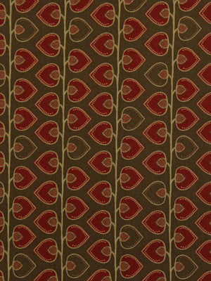 Dark brown fabric with vertical olive stems and red heart motifs in a repeating damask stripe pattern