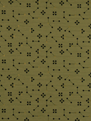 Camel upholstery fabric with a repeating black dot-and-line molecular pattern; retro mid-century geometric print for upholstery or decor.