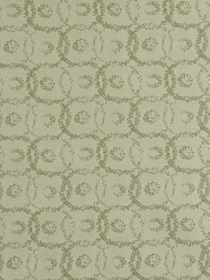 Beige damask-pattern fabric with repeating circular floral motifs in muted cream tones.
