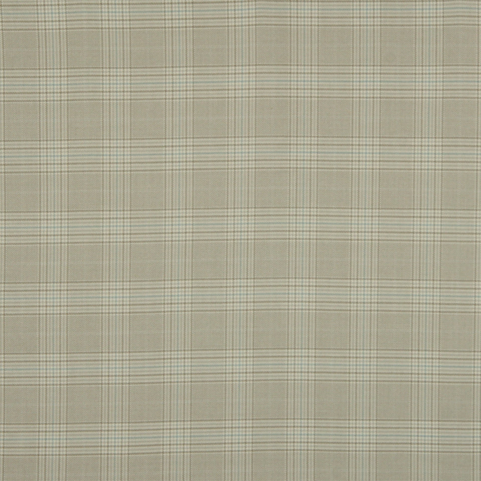 Beige plaid fabric with white and tan lines forming a classic plaid pattern; soft textile.