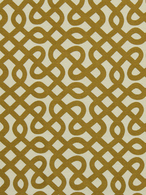 Mustard gold interlocking knot pattern on pale beige background; seamless geometric upholstery fabric pattern.