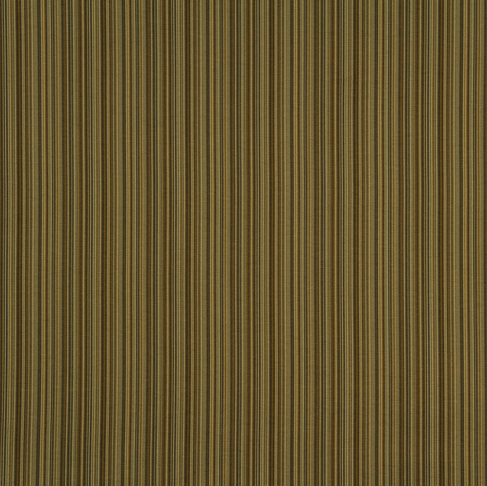 Olive-brown vertical striped fabric with narrow tan and dark-brown stripes; upholstery or drapery textile.