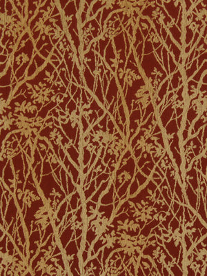Gold botanical damask pattern on rich burgundy background; tree-like vine motifs.
