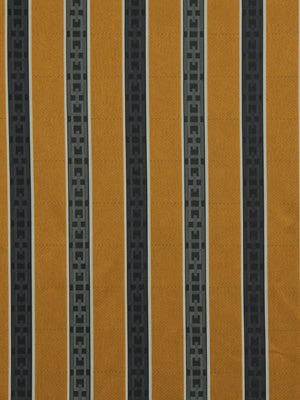 Vertical orange-brown & dark gray striped upholstery fabric with a Greek key pattern in the dark bands.