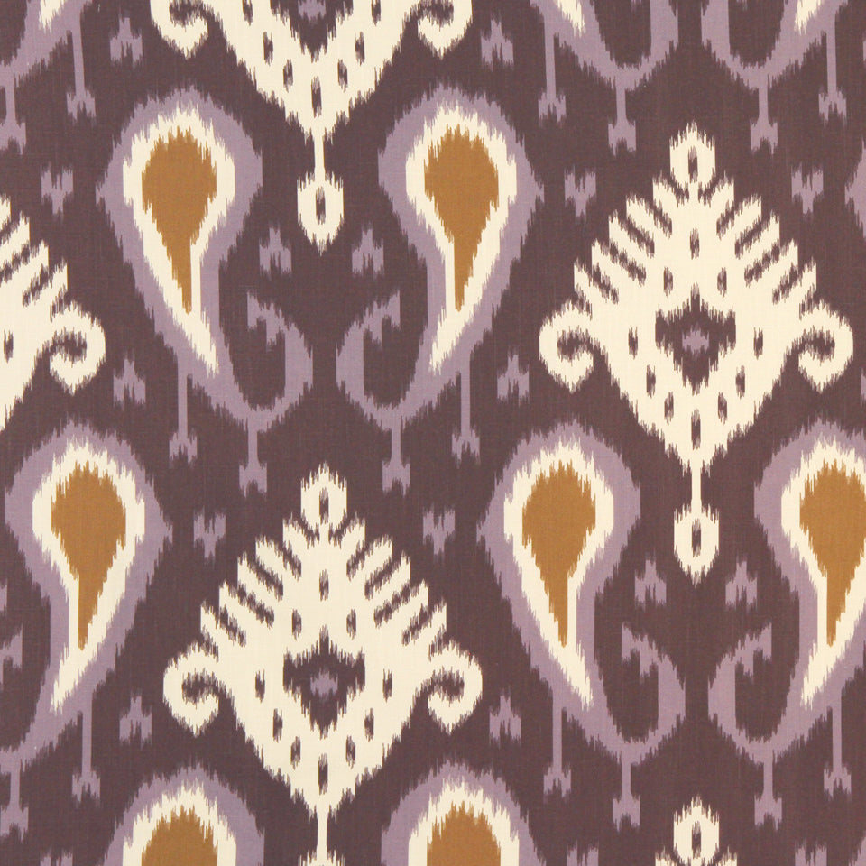 Ikat-inspired damask fabric pattern in purple with ivory and mustard gold teardrop and diamond motifs.